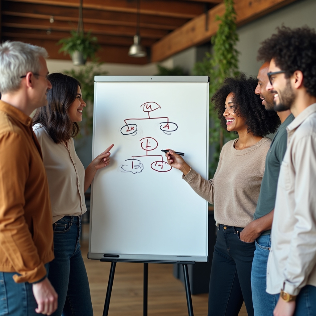 Gruppe trifft eine Entscheidung an einem Whiteboard mit klarer Notation
